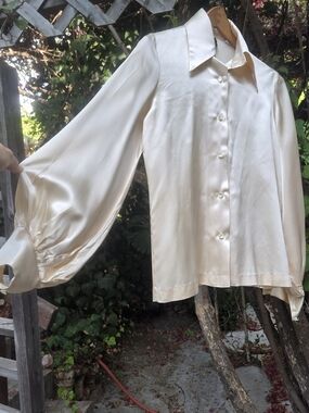Vintage 70s Cream Satin Blouse with Bishop Sleeves Joy Stevens